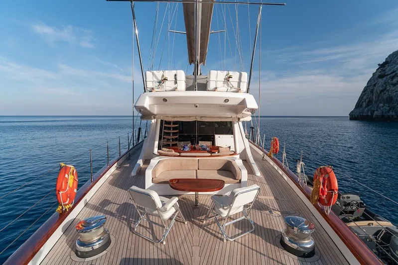  Yacht Photos Pics Custom 2012 motorsailor yacht deck with seating, ocean view, and clear sky.