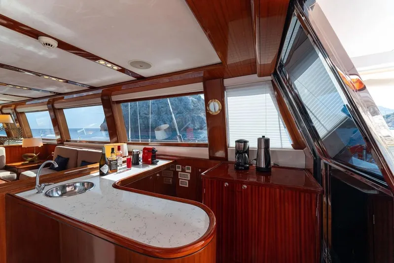  Yacht Photos Pics Luxurious interior of 2012 Custom Motorsailor with modern kitchen and panoramic windows.