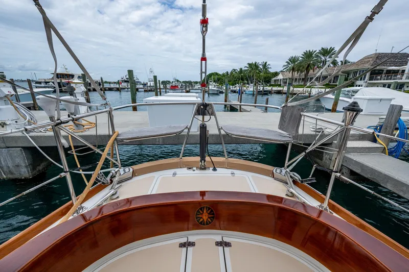 Ghost Yacht Photos Pics Hinckley Sou'wester Stoway Sloop 2000 docked at marina, view from cockpit.