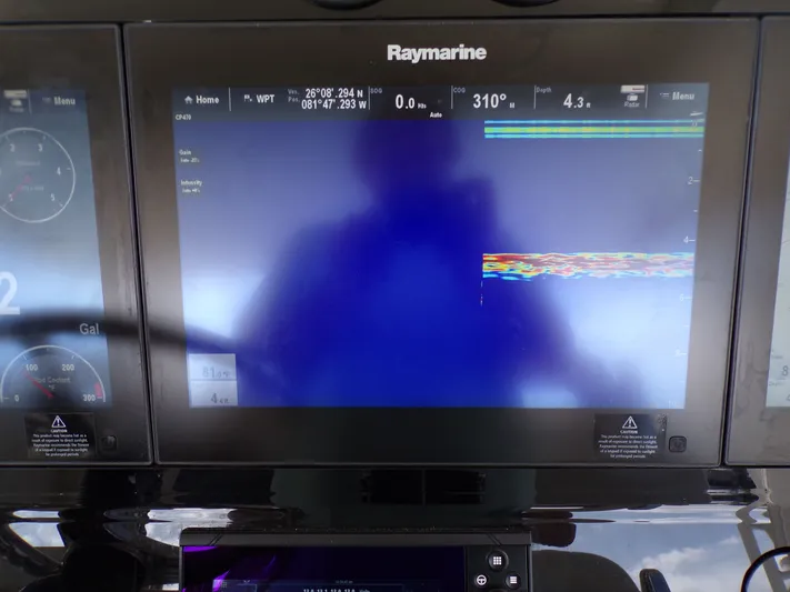  Yacht Photos Pics Raymarine display on 2018 Boston Whaler 420 showing navigation data.
