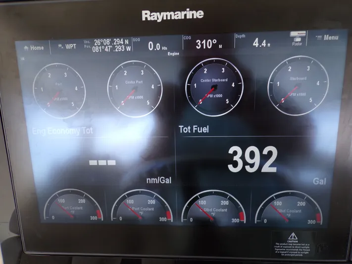  Yacht Photos Pics Raymarine display on 2018 Boston Whaler 420 showing engine data.