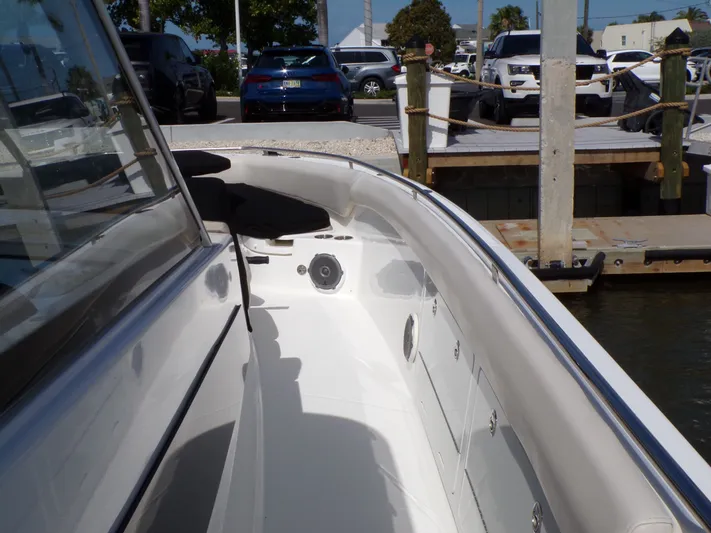  Yacht Photos Pics 2018 Boston Whaler 420 at dock, side deck view.