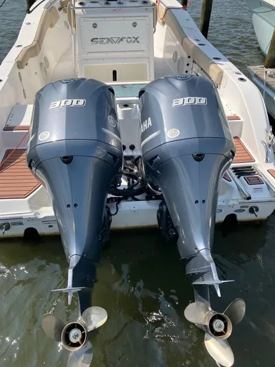  Yacht Photos Pics 2018 Sea Fox 288 Commander with twin Yamaha 300 engines, docked on water.