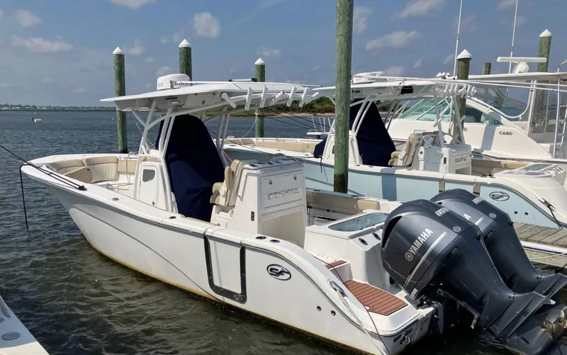  Yacht Photos Pics 2018 Sea Fox 288 Commander boat docked with twin Yamaha engines.