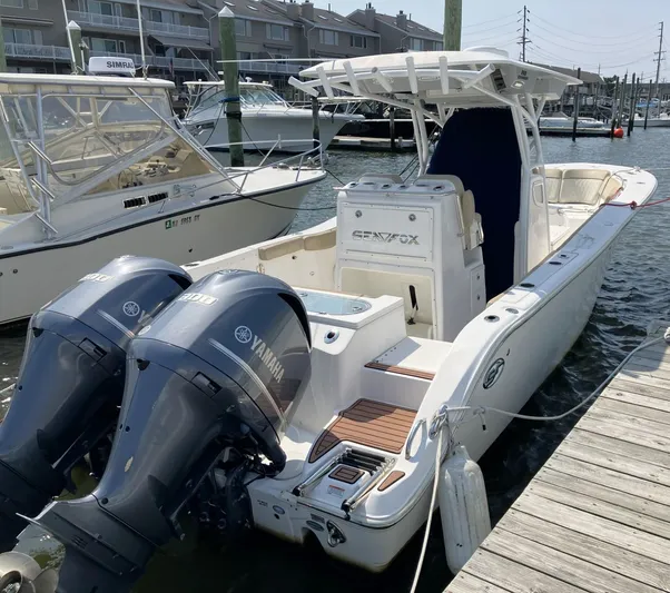  Yacht Photos Pics 2018 Sea Fox 288 Commander boat docked with twin Yamaha engines.