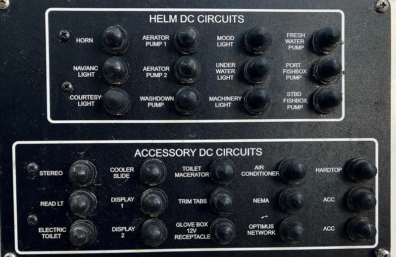  Yacht Photos Pics Control panel of a 2018 Sea Fox 288 Commander with helm and accessory DC circuits.