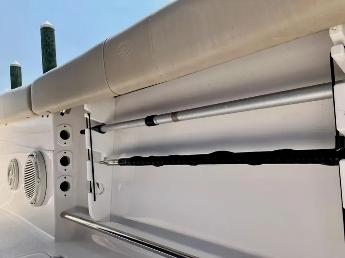  Yacht Photos Pics 2018 Sea Fox 288 Commander boat interior with rod holders and speakers.