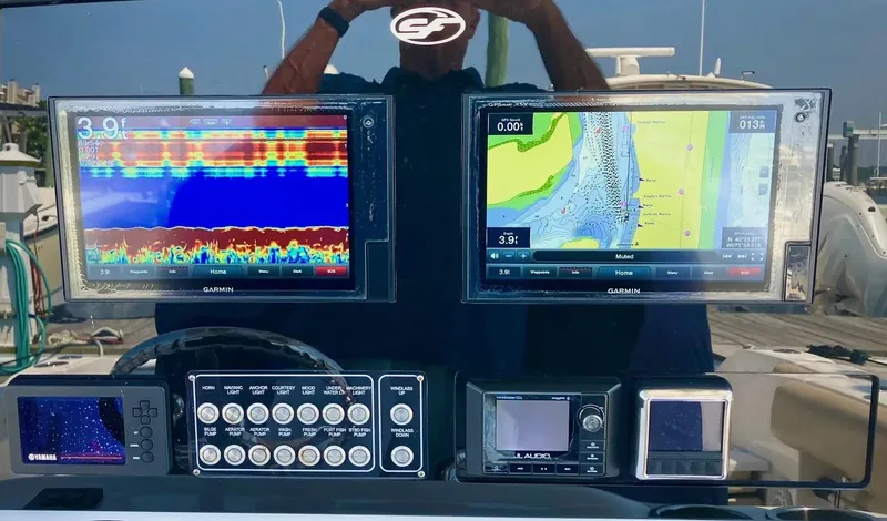  Yacht Photos Pics Control panel of 2018 Sea Fox 288 Commander with dual Garmin displays.
