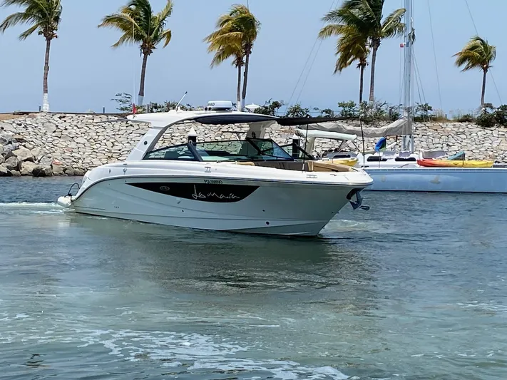 2021 Sea Ray 400 Slx Ob Yacht Photos Pics 2021 Sea Ray SLX 400 Outboard cruising near a rocky shoreline with palm trees.