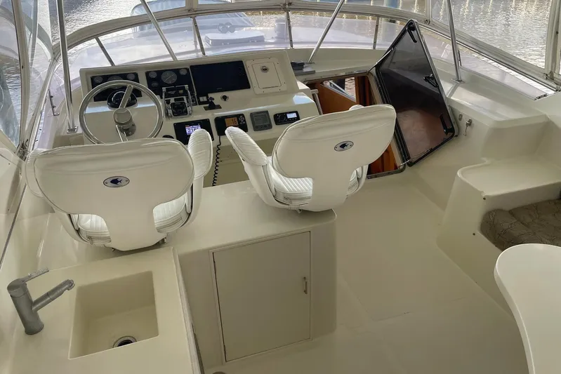 Aventis Yacht Photos Pics 1999 McKinna 57 Pilothouse yacht interior with helm, seating, and navigation equipment.