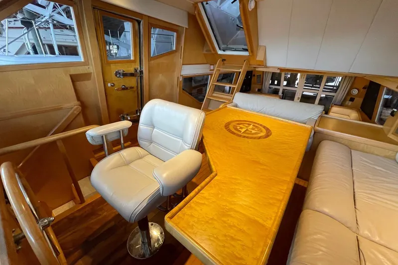 Aventis Yacht Photos Pics Interior of 1999 McKinna 57 Pilothouse with luxurious seating and wooden accents.