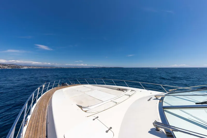  Yacht Photos Pics 2006 Mangusta 80 yacht deck with ocean view under clear blue sky.