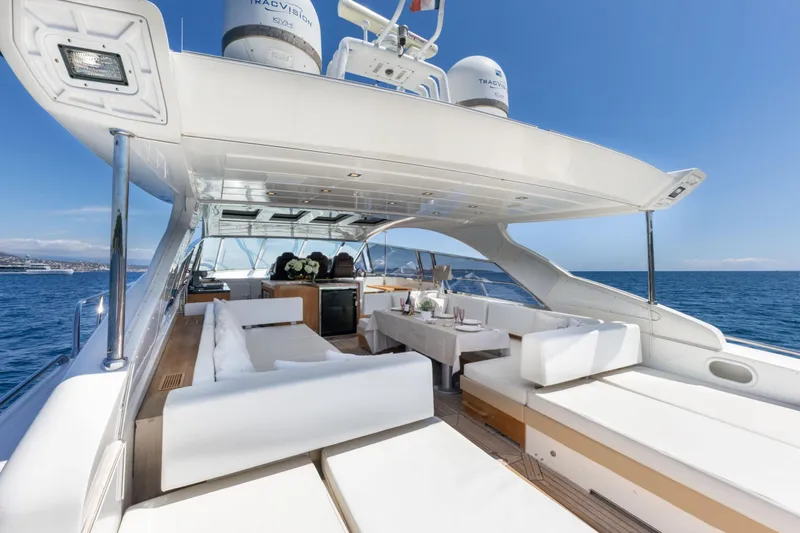  Yacht Photos Pics Luxurious 2006 Mangusta 80 yacht with elegant outdoor seating and ocean view.