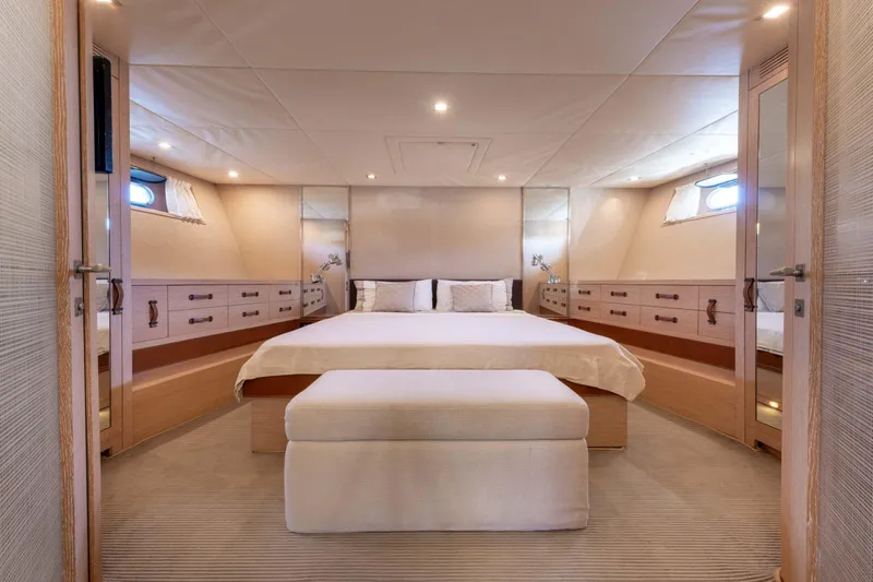  Yacht Photos Pics Luxurious bedroom interior of 2006 Mangusta 80 yacht with elegant furnishings.
