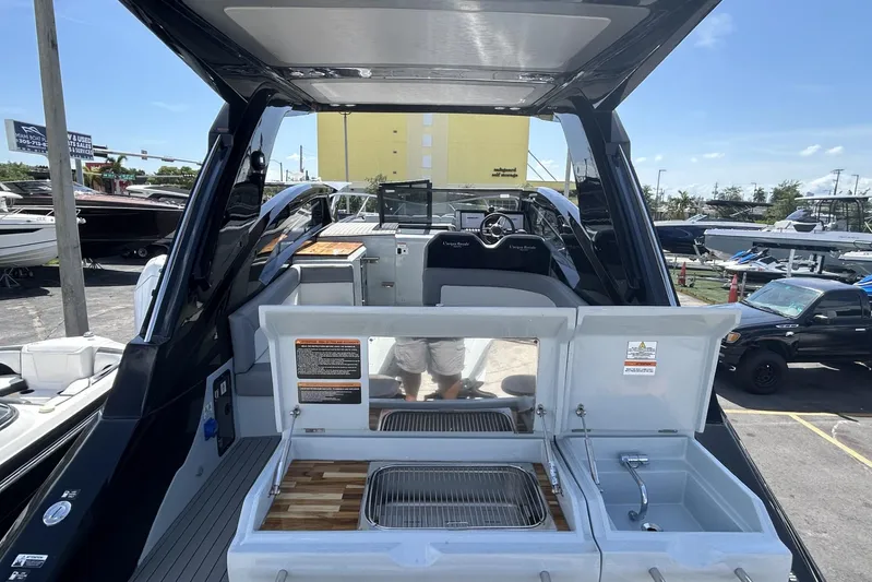  Yacht Photos Pics Luxury L'ACQUA LR350 boat interior with kitchenette, 2025 model, docked at marina.