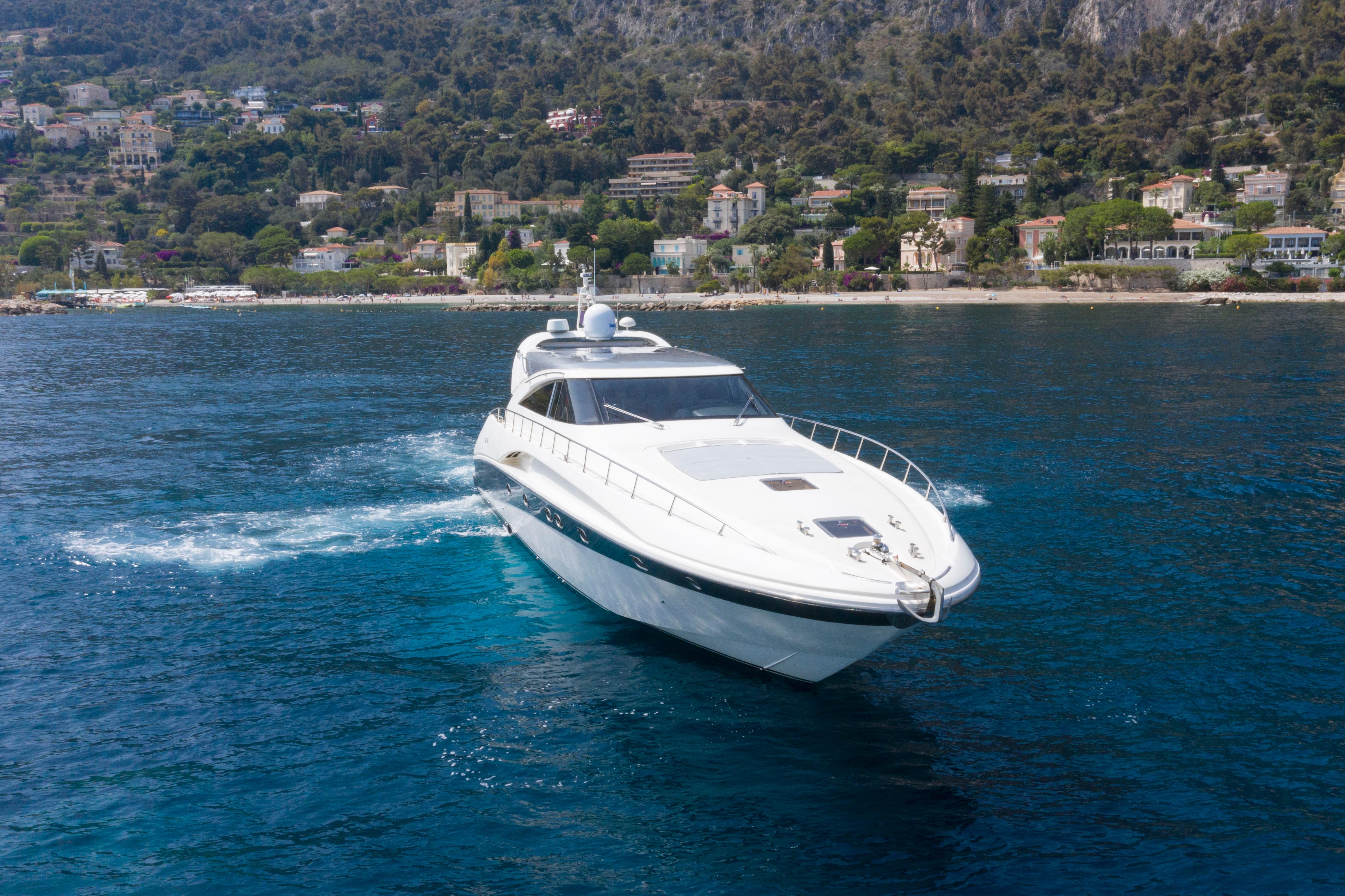 Luxury AB Yachts 68 from 2003 cruising on open sea.