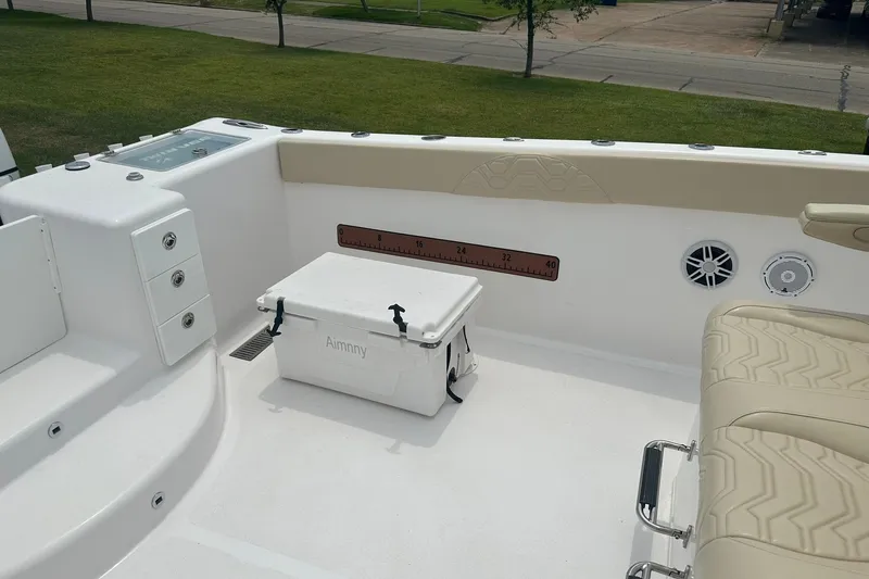 Cat Gone Willd Yacht Photos Pics 2023 Twin Vee 340 GFX CC boat interior with seating, cooler, and storage compartments.