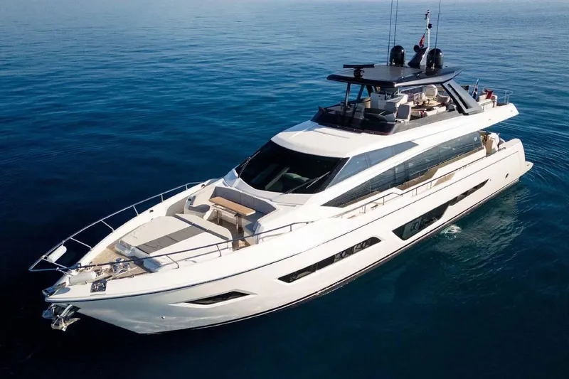  Yacht Photos Pics Luxurious 2021 Ferretti Yachts 780 cruising on calm blue waters.