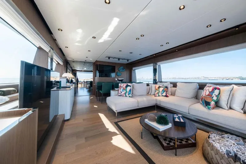  Yacht Photos Pics Luxurious interior of 2021 Ferretti Yachts 780 with modern decor and panoramic windows.
