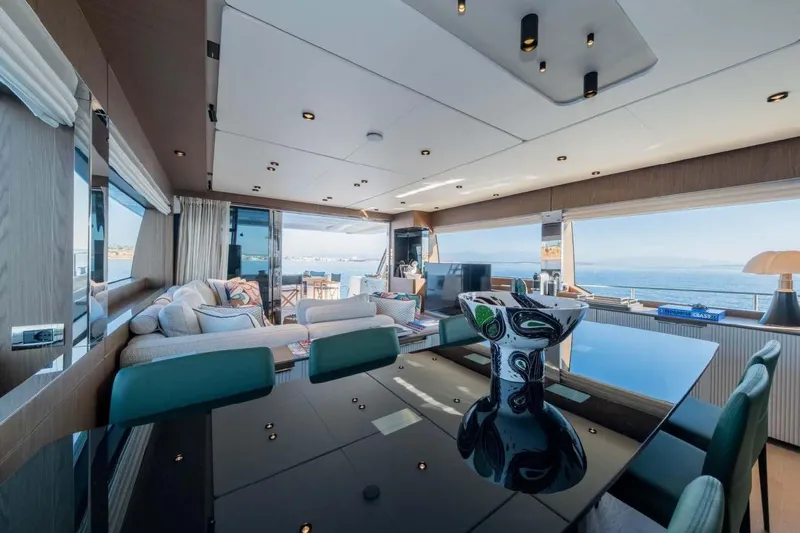  Yacht Photos Pics Luxurious interior of 2021 Ferretti Yachts 780 with ocean view and elegant furnishings.