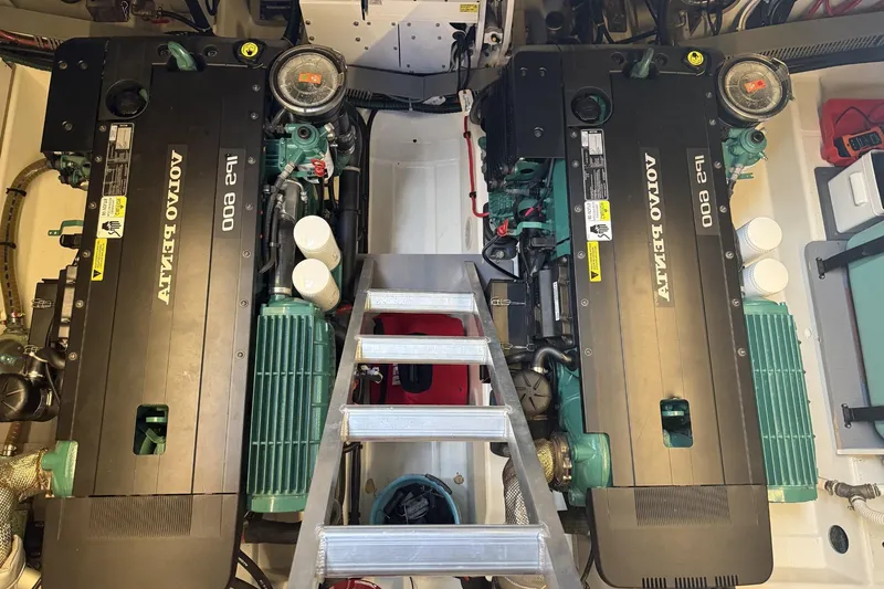  Yacht Photos Pics Engine room of 2020 Beneteau Monte Carlo 52 with twin Volvo Penta engines.