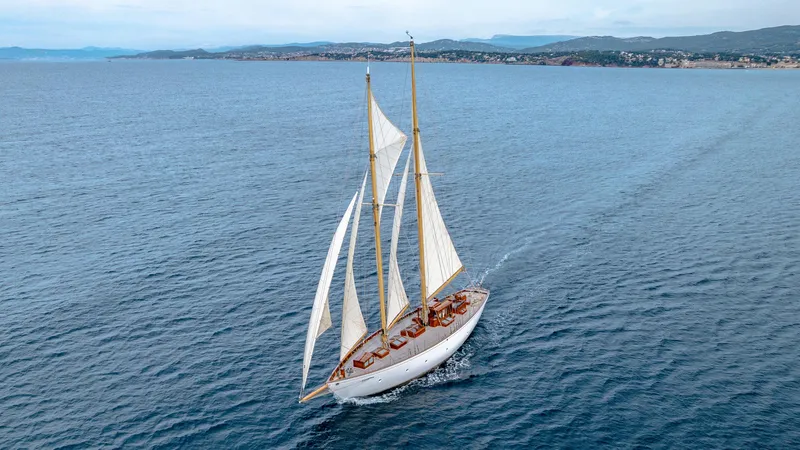 Armide Yacht Photos Pics 1938 Custom sailboat by Classic Works sailing on open water.