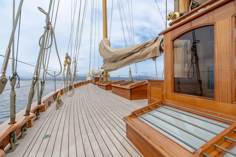 Armide Yacht Photos Pics 1938 Custom sailboat by Classic Works, wooden deck, rigging, and cabin details.