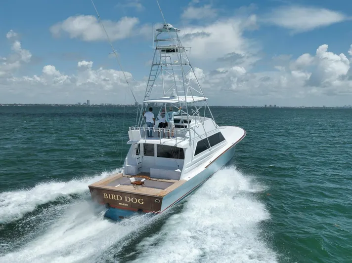 Bird Dog Yacht Photos Pics 1989 Jim Smith Custom Convertible yacht "Bird Dog" cruising on open water under a clear sky.