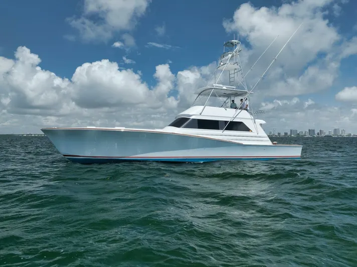 Bird Dog Yacht Photos Pics 1989 Jim Smith Custom Convertible yacht on open water under a partly cloudy sky.