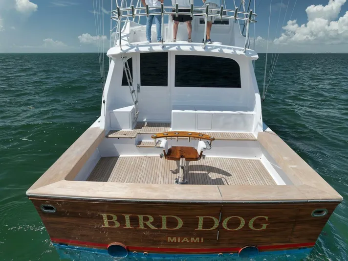 Bird Dog Yacht Photos Pics 1989 Jim Smith Custom Convertible boat named "Bird Dog" on open water, Miami.