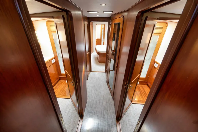 Bird Dog Yacht Photos Pics Luxurious wooden interior of 1989 Jim Smith Custom Convertible yacht.