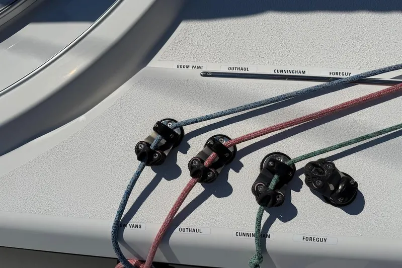 Spectre Yacht Photos Pics Deck rigging on 2016 X-Yachts Xp38 sailboat, featuring labeled control lines.