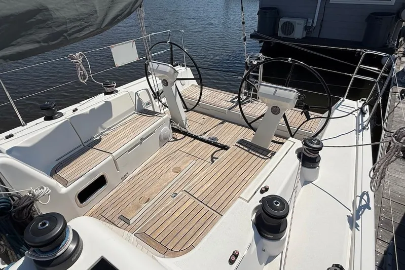 Spectre Yacht Photos Pics 2016 X-Yachts Xp38 sailboat cockpit with dual steering wheels and teak decking.