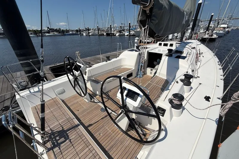 Spectre Yacht Photos Pics 2016 X-Yachts Xp38 sailboat with dual steering wheels docked at marina.