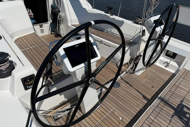 Spectre Yacht Photos Pics 2016 X-Yachts Xp38 yacht cockpit with dual steering wheels and navigation equipment.