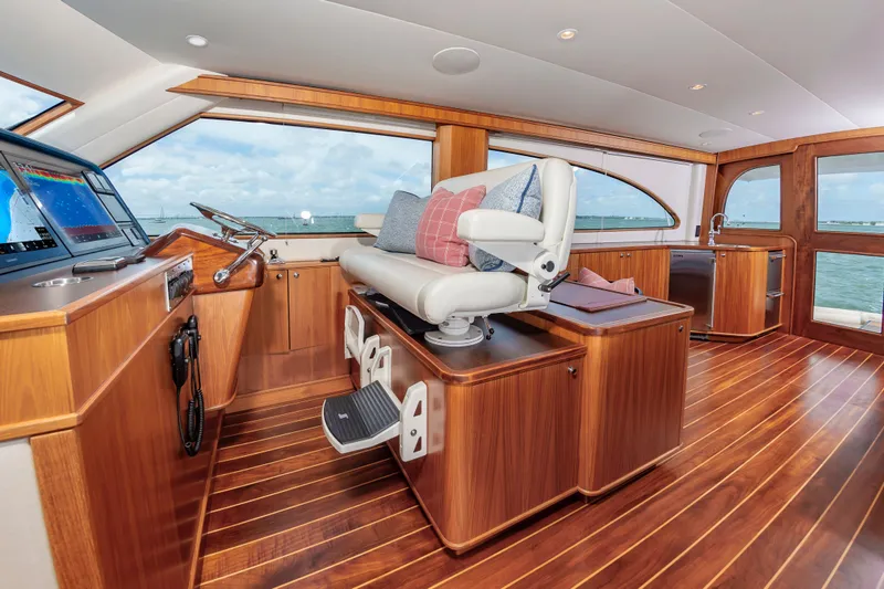 Privateer Yacht Photos Pics Interior of a 2019 Jarrett Bay 67 Custom yacht with wood finish.