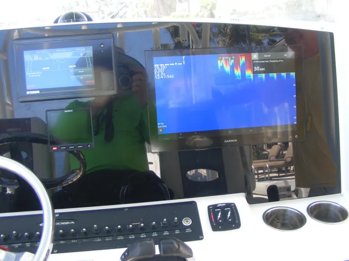  Yacht Photos Pics Cobia 350 Center Console 2020 dashboard with Garmin navigation and control panels.