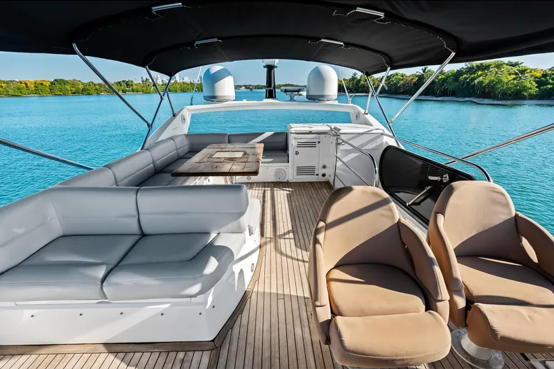 Gem Yacht Photos Pics Luxurious 2014 Sunseeker 68 Sport Yacht deck with seating, overlooking serene blue waters.