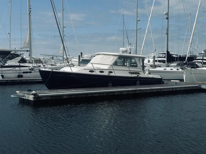 Someday Yacht Photos Pics 2012 Back Cove 34 yacht docked in a marina, surrounded by sailboats.