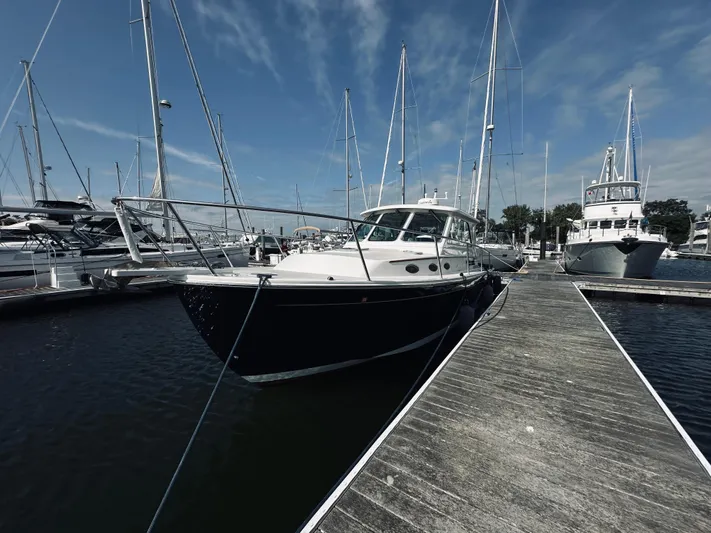 Someday Yacht Photos Pics 2012 Back Cove 34 yacht docked at marina under blue sky.