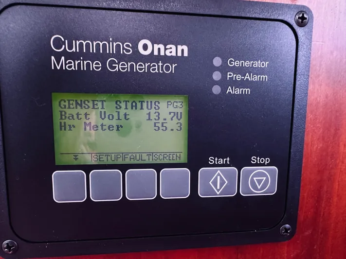 Someday Yacht Photos Pics Cummins Onan marine generator display on 2012 Back Cove 34 boat, showing battery voltage and hours.