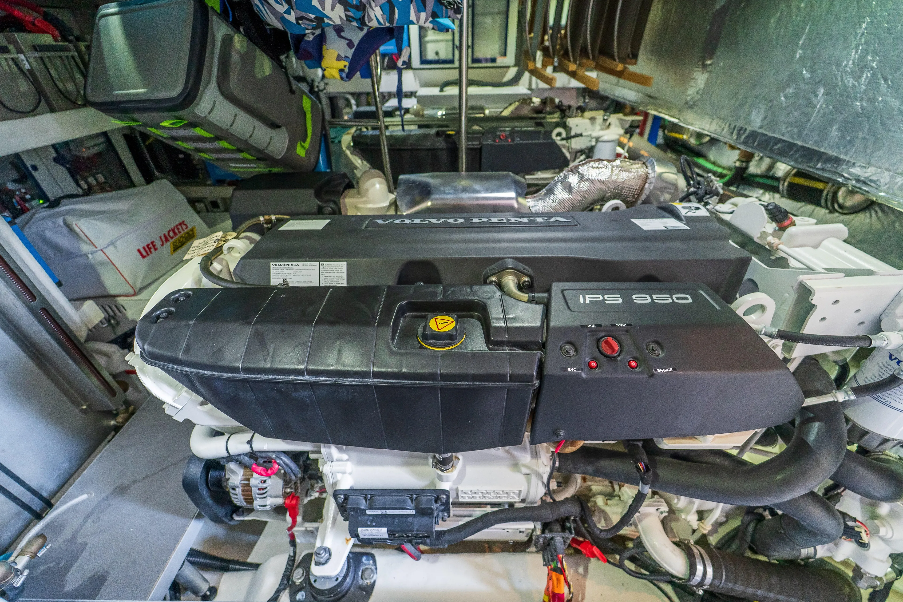  Yacht Photos Pics Engine room of 2023 Absolute 62 Fly yacht with Volvo Penta IPS 950 engine.