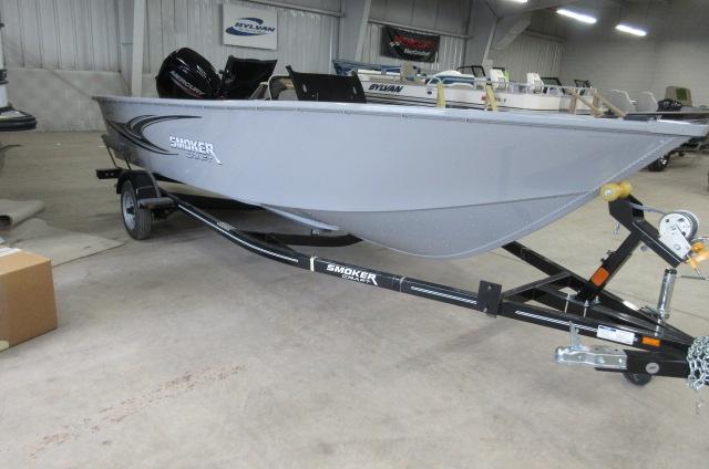 2023 Smoker Craft Freedom 160 TL boat on trailer in showroom.