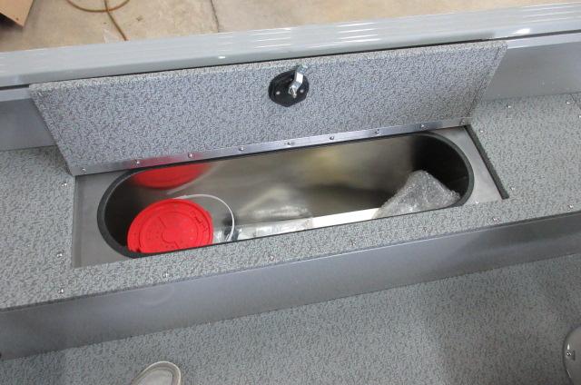 2023 Smoker Craft Freedom 160 TL boat storage compartment with red containers.