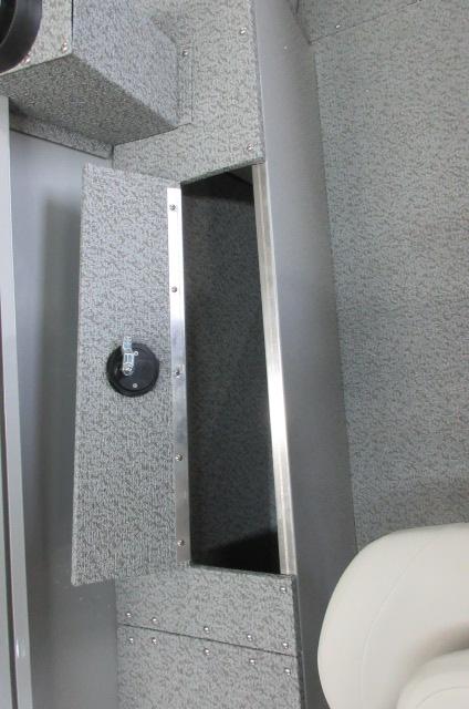 2023 Smoker Craft Freedom 160 TL boat storage compartment with gray interior.