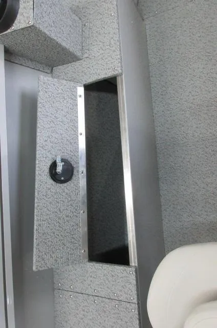 2023 Smoker Craft Freedom 160 TL boat storage compartment with gray interior.