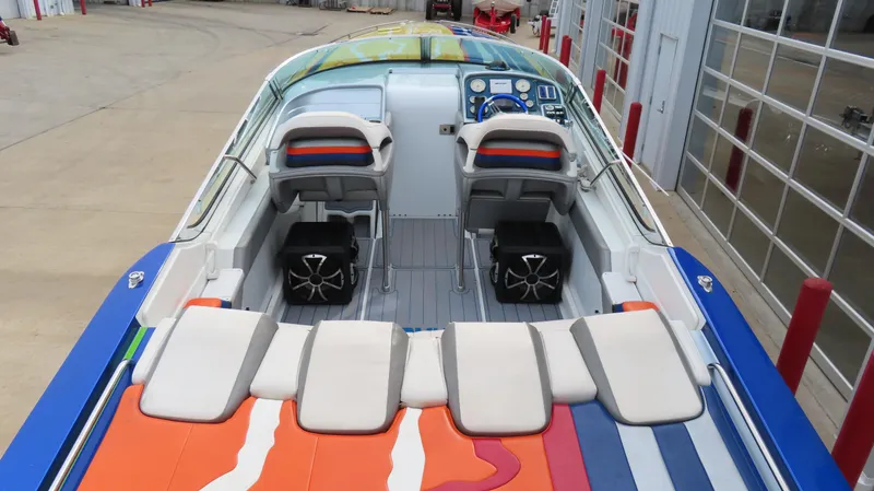  Yacht Photos Pics 2008 Formula 382 FASTech boat interior with colorful seating and modern dashboard.