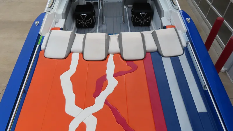  Yacht Photos Pics 2008 Formula 382 FASTech boat with vibrant, colorful seating and sleek design.