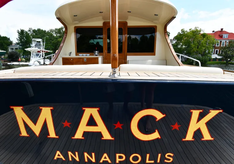 Mack Yacht Photos Pics 2020 Palm Beach Motor Yachts PB52, rear view with "MACK" and "ANNAPOLIS" text.