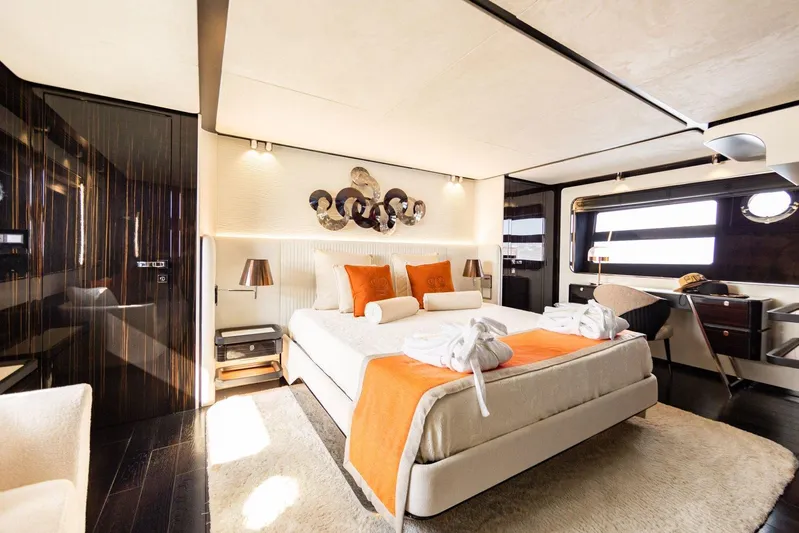  Yacht Photos Pics Luxurious bedroom interior of 2024 Posillipo Technema 90 yacht with modern decor.